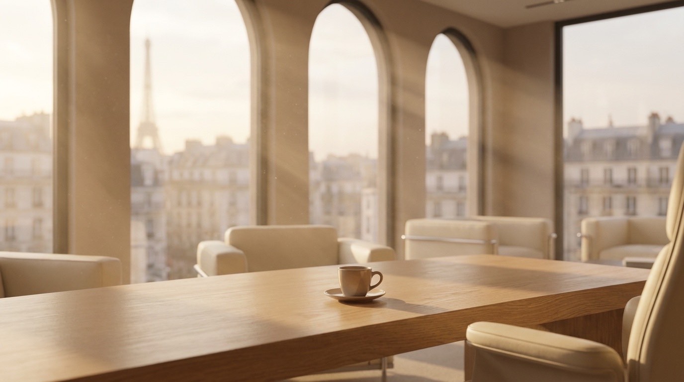 Salle de réunion lumineuse au lever du jour, table en bois clair et vue sur les toits de Paris.